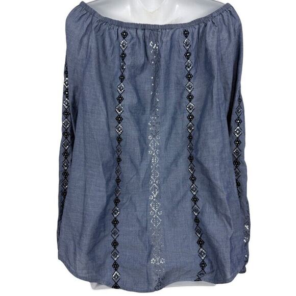 Chicos Womens Embellished Denim Chambray Embroidered Sequin Top Shirt Blue 2/ L - Picture 13 of 16